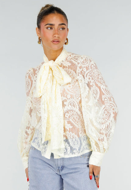 NEW200526 Lichtgele Kanten Blouse met Strikkraag