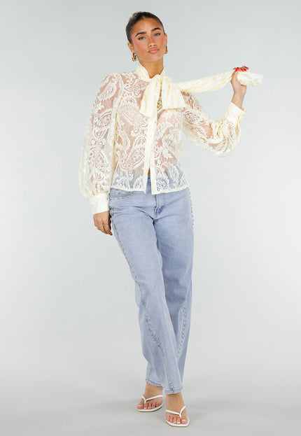NEW200526 Lichtgele Kanten Blouse met Strikkraag