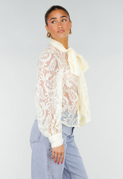 NEW200526 Lichtgele Kanten Blouse met Strikkraag