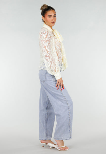 NEW200526 Lichtgele Kanten Blouse met Strikkraag