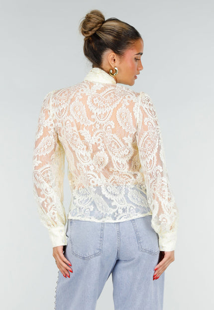 NEW200526 Lichtgele Kanten Blouse met Strikkraag