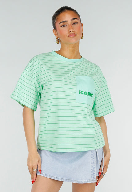 NEW200526 Mintgroen Gestreept T-shirt met Opdruk