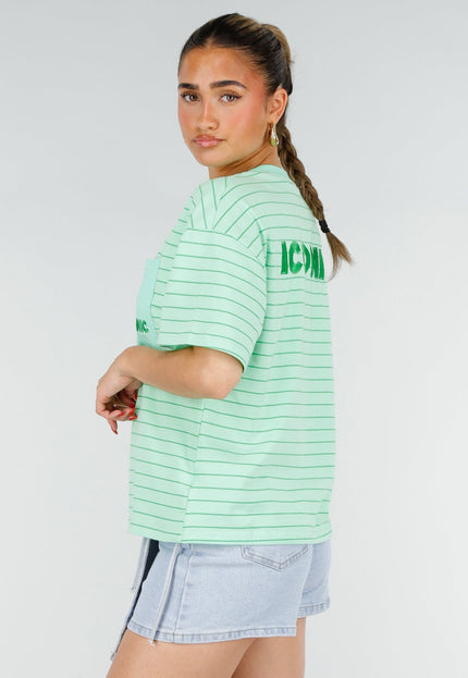 NEW200526 Mintgroen Gestreept T-shirt met Opdruk