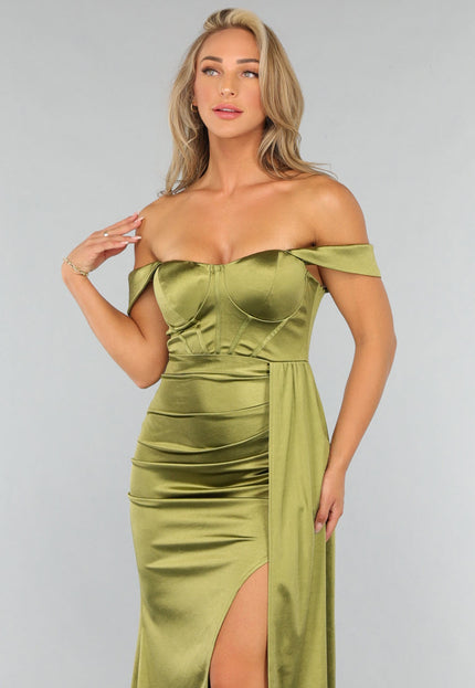 NEW200526 Olijfgroene Satijnen Off Shoulder Stretch Galajurk