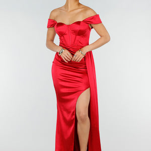 NEW200526 Rode Satijnen Off Shoulder Stretch Maxi Jurk