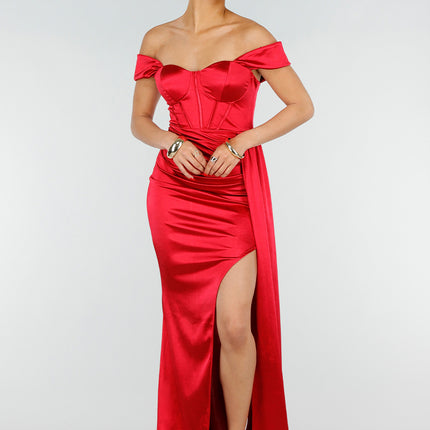 NEW200526 Rode Satijnen Off Shoulder Stretch Maxi Jurk