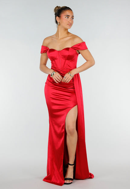 NEW200526 Rode Satijnen Off Shoulder Stretch Maxi Jurk