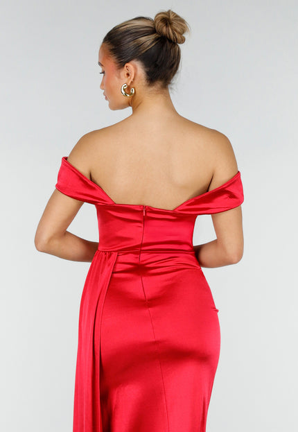 NEW200526 Rode Satijnen Off Shoulder Stretch Maxi Jurk