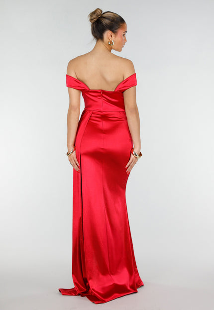 NEW200526 Rode Satijnen Off Shoulder Stretch Maxi Jurk