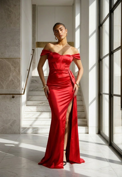 NEW200526 Rode Satijnen Off Shoulder Stretch Maxi Jurk