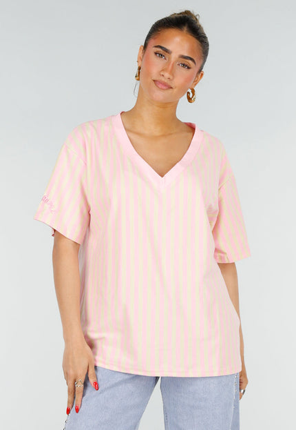 NEW200526 Roze Geel Gestreept Katoenen T-shirt
