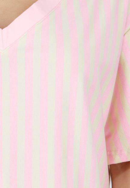 NEW200526 Roze Geel Gestreept Katoenen T-shirt