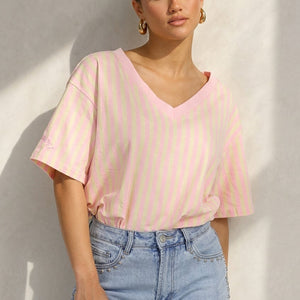 NEW200526 Roze Geel Gestreept Katoenen T-shirt