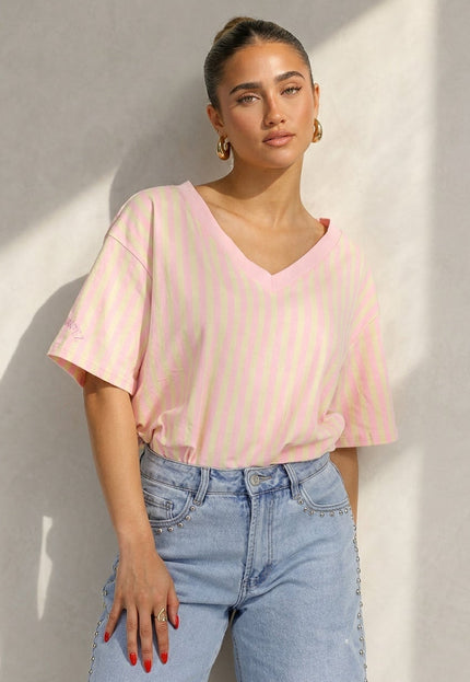 NEW200526 Roze Geel Gestreept Katoenen T-shirt