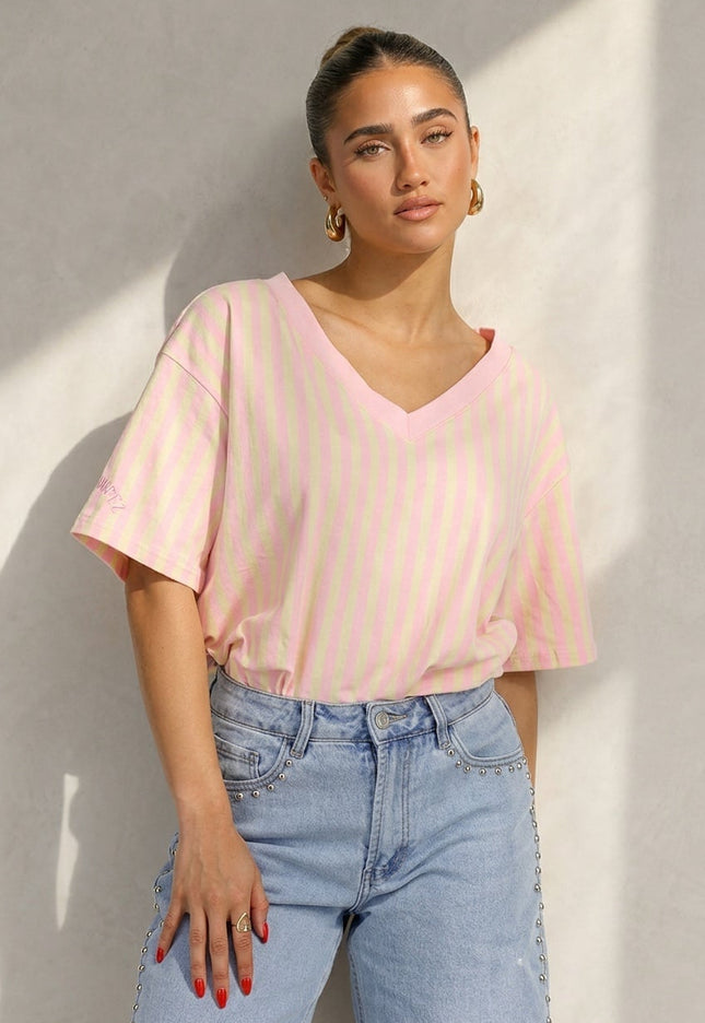 NEW200526 Roze Geel Gestreept Katoenen T-shirt