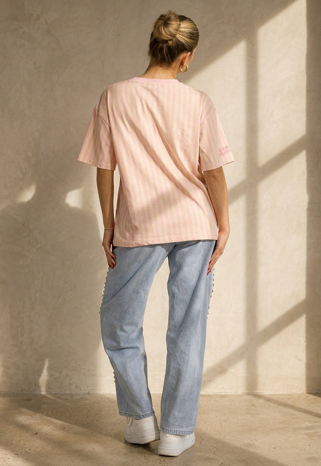 NEW200526 Roze Geel Gestreept Katoenen T-shirt