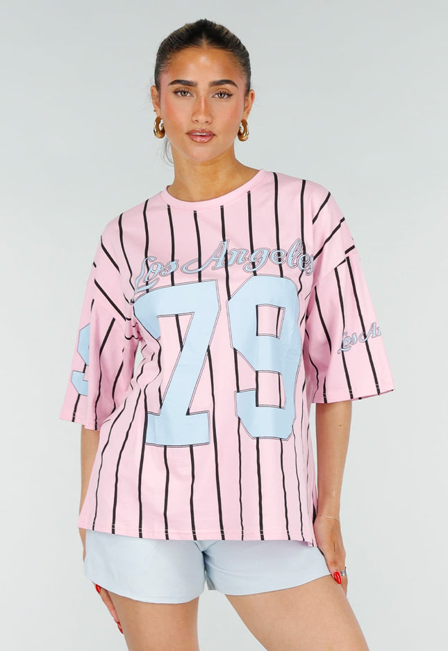 NEW200526 Roze Jersey Shirt met Strepen en Print