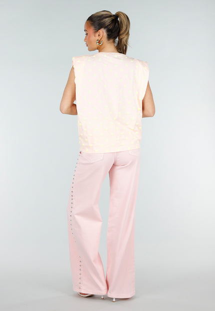 NEW200526 Roze Mouwloze Top met Gele Stippen