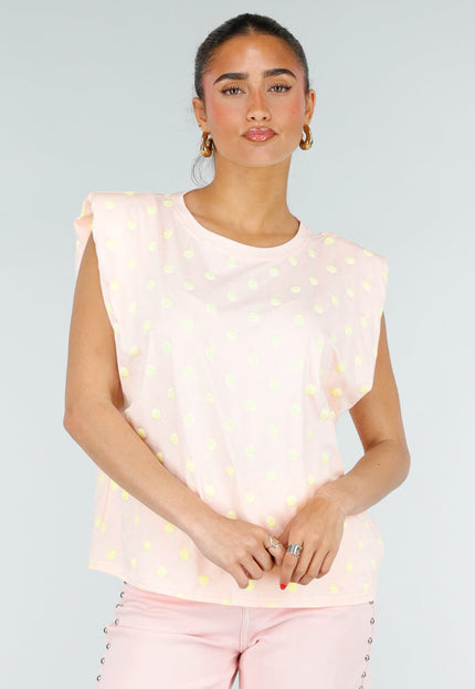 NEW200526 Roze Mouwloze Top met Gele Stippen