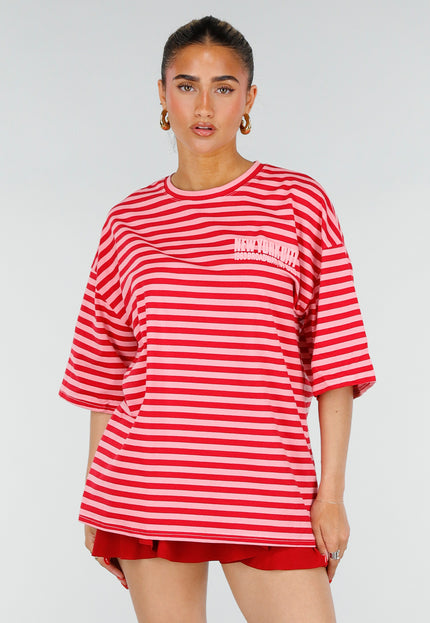 NEW200526 Roze Rode Gestreepte Oversized T-shirt