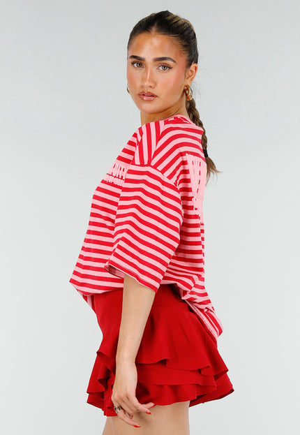 NEW200526 Roze Rode Gestreepte Oversized T-shirt