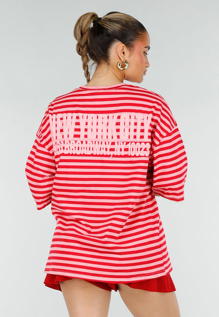 NEW200526 Roze Rode Gestreepte Oversized T-shirt