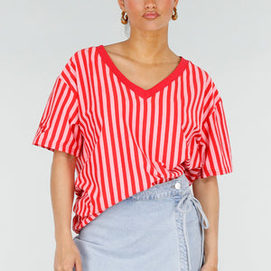 NEW200526 Roze Rode Gestreepte Oversized T-shirt