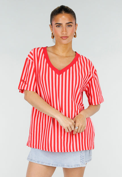 NEW200526 Roze Rode Gestreepte Oversized T-shirt