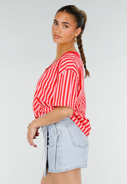 NEW200526 Roze Rode Gestreepte Oversized T-shirt