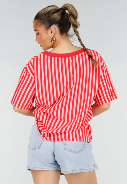 NEW200526 Roze Rode Gestreepte Oversized T-shirt