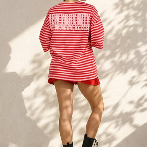 NEW200526 Roze Rode Gestreepte Oversized T-shirt