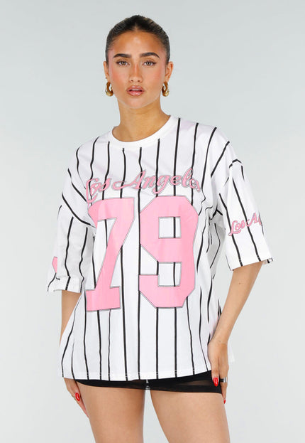 NEW200526 Wit Baseball T-Shirt met Roze Print