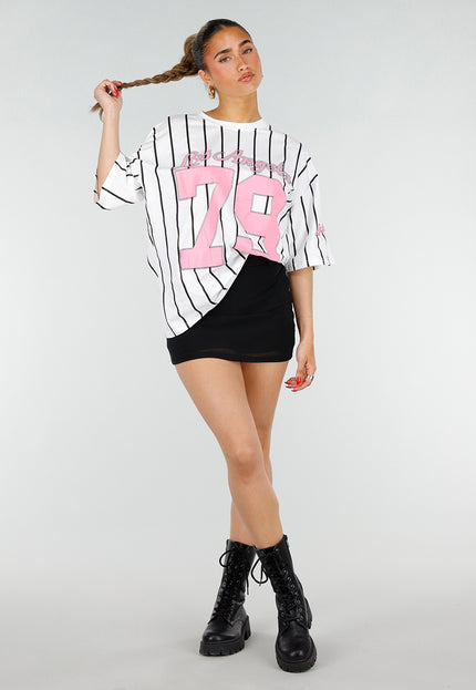 NEW200526 Wit Baseball T-Shirt met Roze Print
