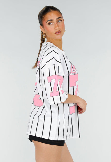 NEW200526 Wit Baseball T-Shirt met Roze Print