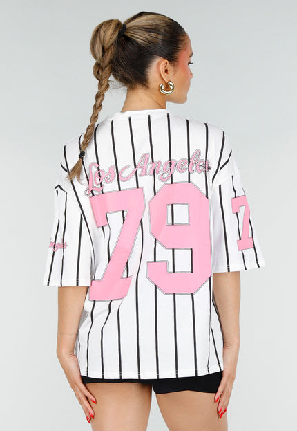 NEW200526 Wit Baseball T-Shirt met Roze Print