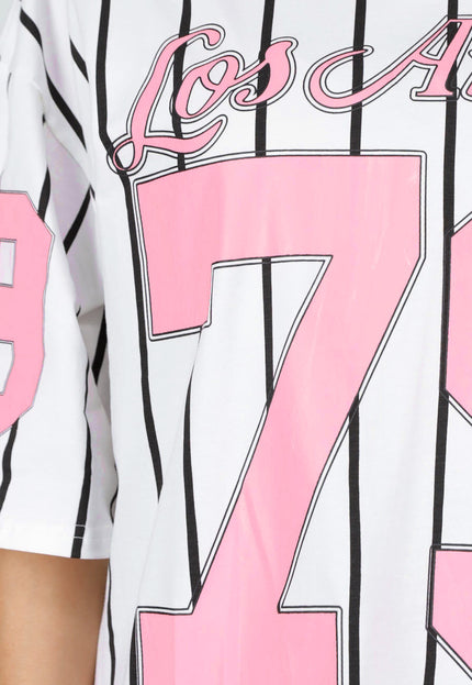 NEW200526 Wit Baseball T-Shirt met Roze Print
