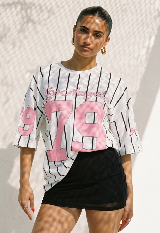 NEW200526 Wit Baseball T-Shirt met Roze Print