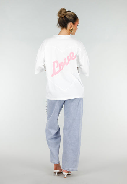 NEW200526 Wit Katoenen T-shirt met Roze Tekstprint
