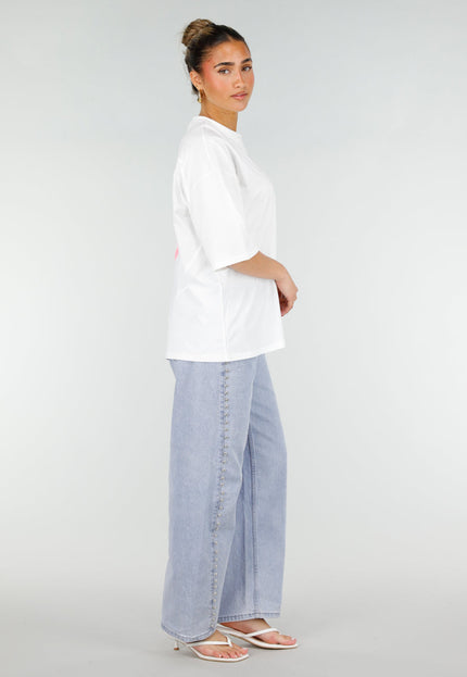 NEW200526 Wit Katoenen T-shirt met Roze Tekstprint