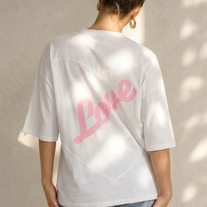 NEW200526 Wit Katoenen T-shirt met Roze Tekstprint