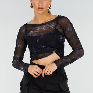 NEW200526 Zwarte Mesh Top met Print en Pads