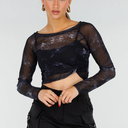 NEW200526 Zwarte Mesh Top met Print en Pads