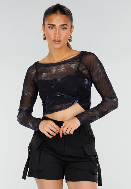 NEW200526 Zwarte Mesh Top met Print en Pads