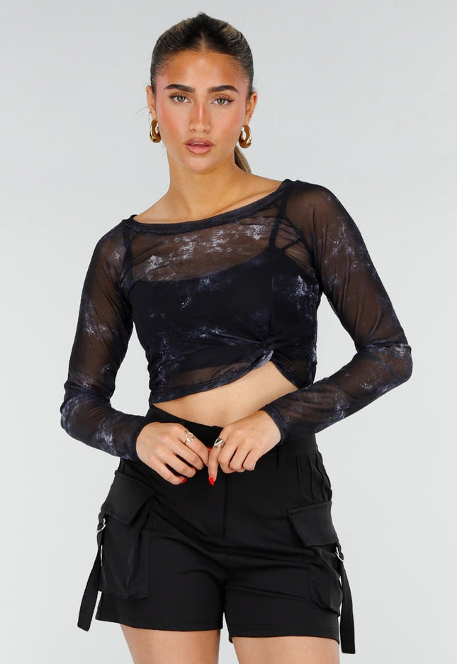 NEW200526 Zwarte Mesh Top met Print en Pads