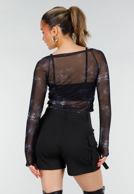 NEW200526 Zwarte Mesh Top met Print en Pads