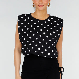 NEW200526 Zwarte Mouwloze Polkadot Top