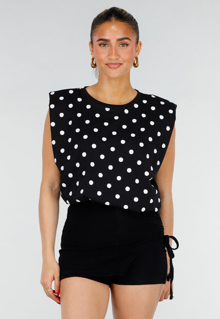 NEW200526 Zwarte Mouwloze Polkadot Top