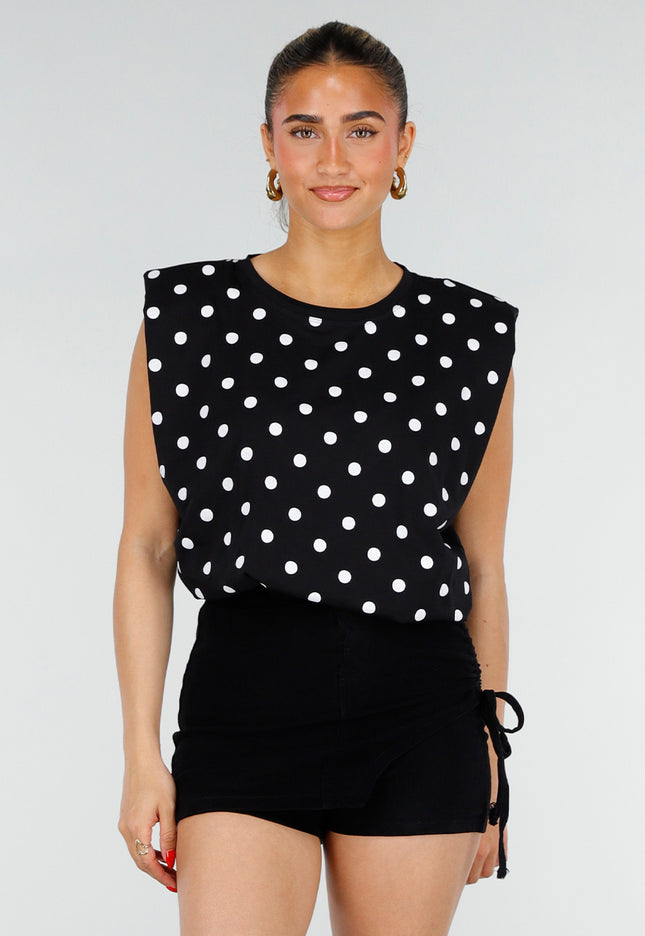 NEW200526 Zwarte Mouwloze Polkadot Top