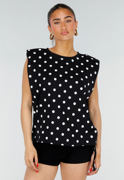 NEW200526 Zwarte Mouwloze Polkadot Top