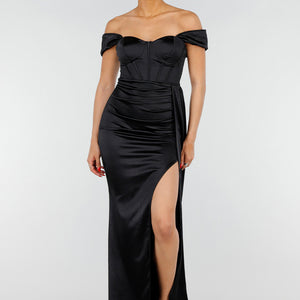 NEW200526 Zwarte Satin Off Shoulder Stretch Galajurk